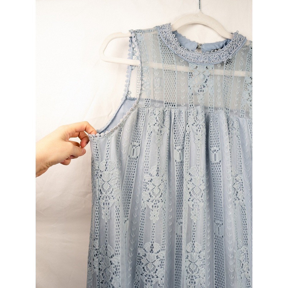 Floral Lace Victorian Shift Dress M Light Blue High Neck Regency Fairy Prairie - Picture 3 of 10